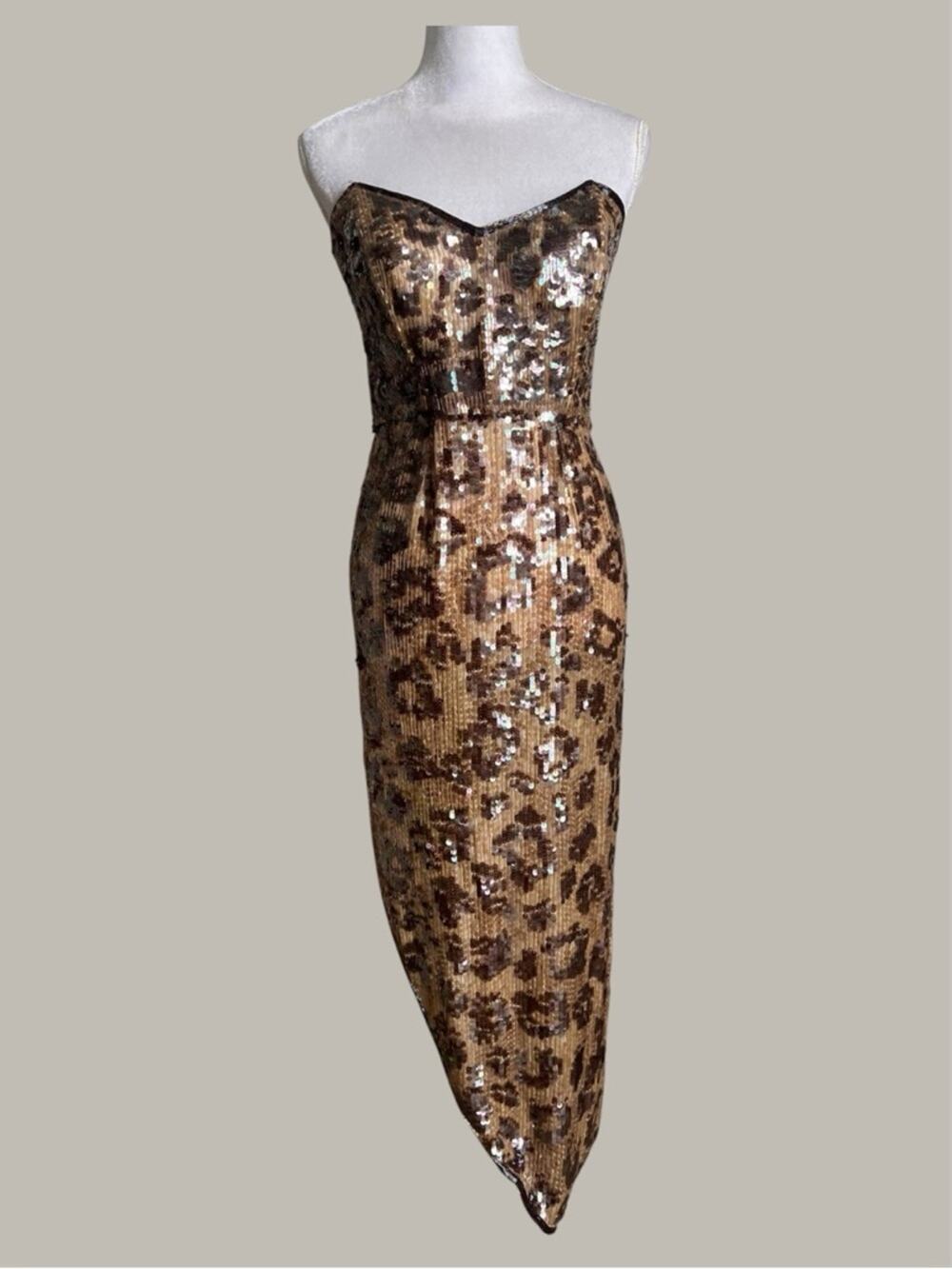 Vintage 70s 80s Lillie Rubin Nights Sequin Dress Strapless Leopard Gown small